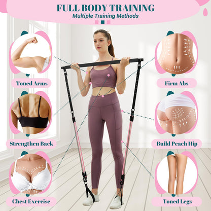 Pilates Bar Kit with Resistance Bands, Multifunctional Yoga Pilates Bar with Heavy-Duty Metal Adjustment Buckle, Portable Home Gym Pilates Resistance Bar Kit for Women Full Body Workouts