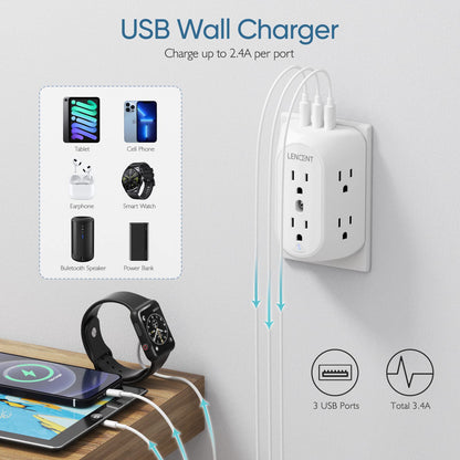 LENCENT 2 Prong Power Strip, 3 to 2 Prong Grounding Outlet Adapter 6 Outlet 1 Type C&2 USB 3.4A, Polarized Plug, 1728J Surge Protector, 3-Sided Wide Spaced Extender,Wall Mount for Non-Grounded Outlet