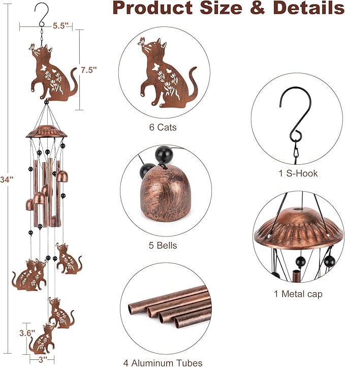 Cat Wind Chimes for Outside Metal Cat Wind Chimes Outdoor Indoors Wind Chime Garden Decor Gifts for Women Men Porch Patio Home Yard Porch Decoration