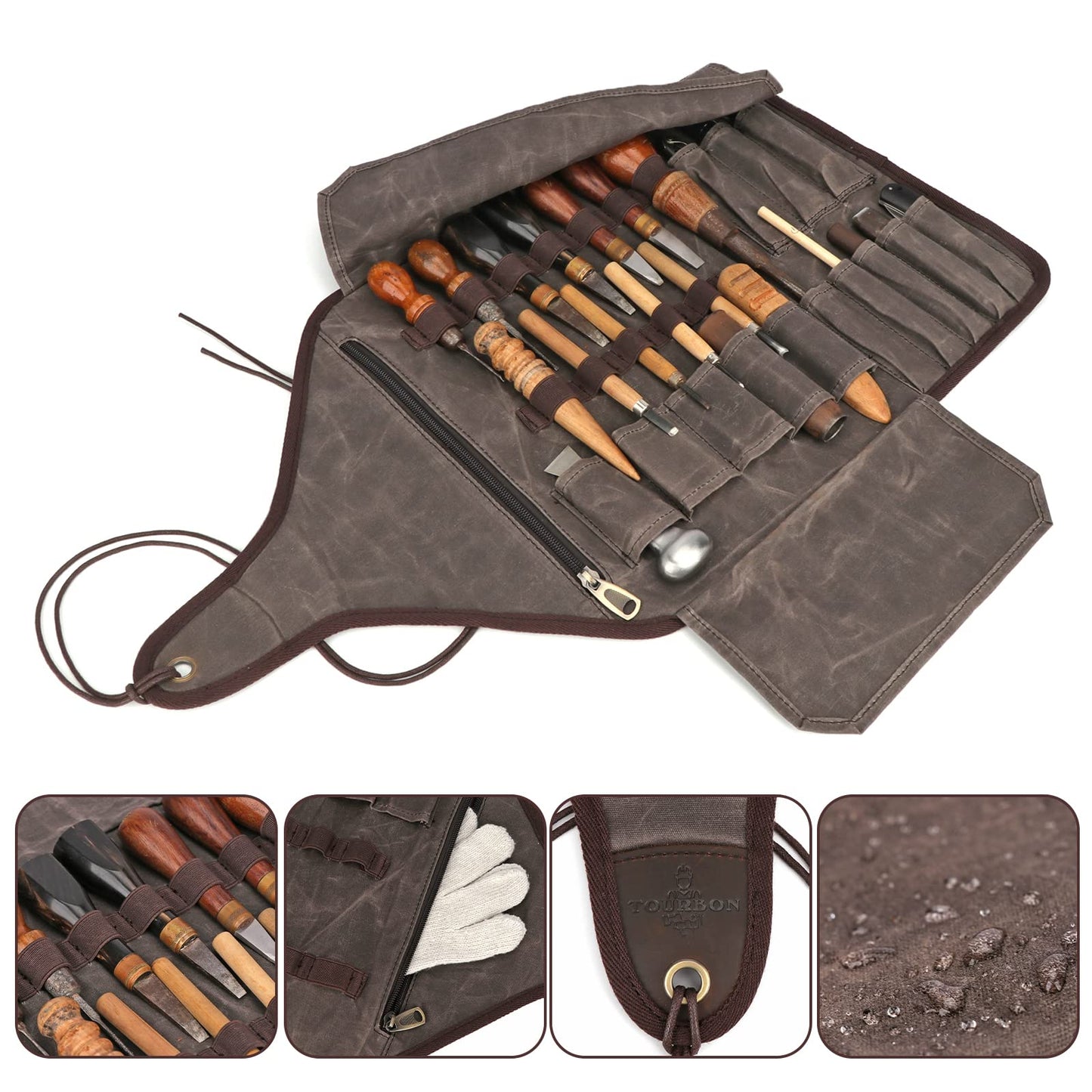 TOURBON Waxed Canvas Tool Roll Up Bag, 25-Pocket Wood Carving Chisel Carrying Case, Multi-Purpose Tool Pouch with Zipped Compartments