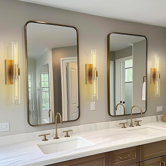 Brass Bathroom Vanity Wall Sconces, 2-Light Glass Tube Wall Sconces, 24 Inch Horizontal or Vertical Linear Wall Sconces,Gold Vanity Light, Indoor Wall Sconces, E26 Bulb Included