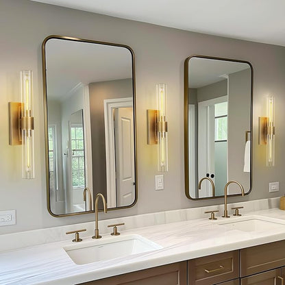 Brass Vanity Light Hardwired, 2-Light Bathroom Wall Sconce Over Mirror, 22.8" Gold Vanity Lights for Bathroom, Dimmable Wall Sconce with Glass Tube, Linear Wall Sconces for vertical and horizontal