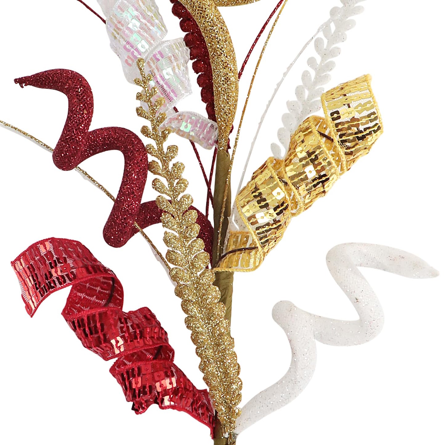 Glitter Curly Sprays Set of 3 Artificial Leaf Christmas Tree Topper Picks 20" Sequins Spiral Stems Candy Sticks for Xmas Tree Wreath Vase Fillers Branches Winter DIY Crafts (Red Gold White)