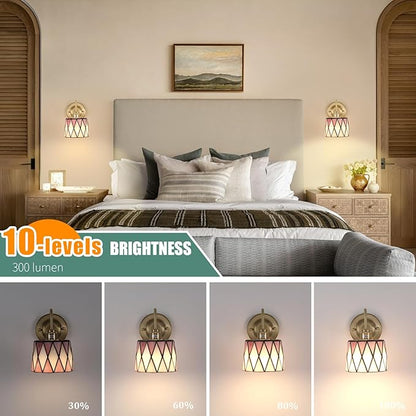 Vintage Battery Operated Wall Sconce Set of 2, 5000mAh Rechargeable Wall Lamp 12 RGB Colors Dimmable, Gold Lights Fixture for Bedroom Bathroom Living Room Hallway Pink Checker