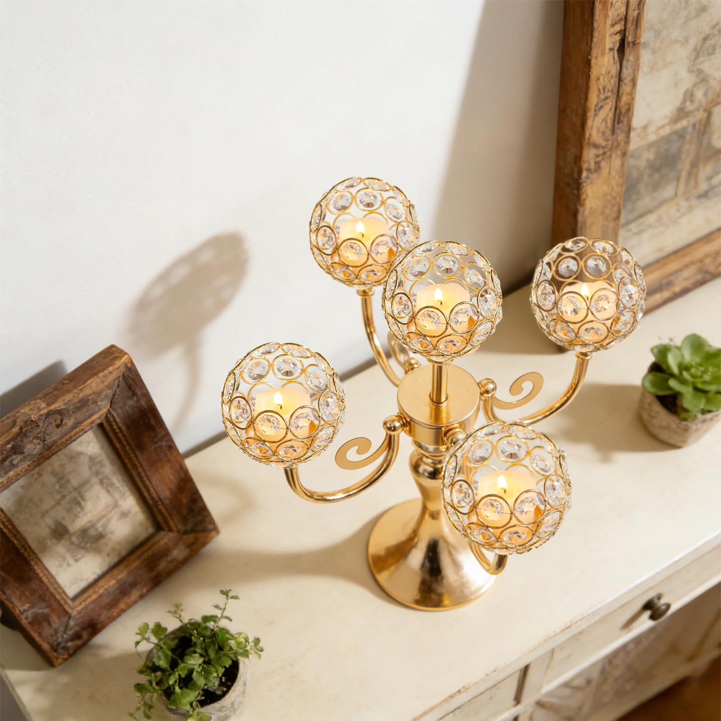 5 Arm Metal Crystal Candelabra Centerpiece - 13.4 Inch Elegant Candle Holder with Crystal Beads for Wedding Party Christmas Home Dining Table Decoration (2, Gold)