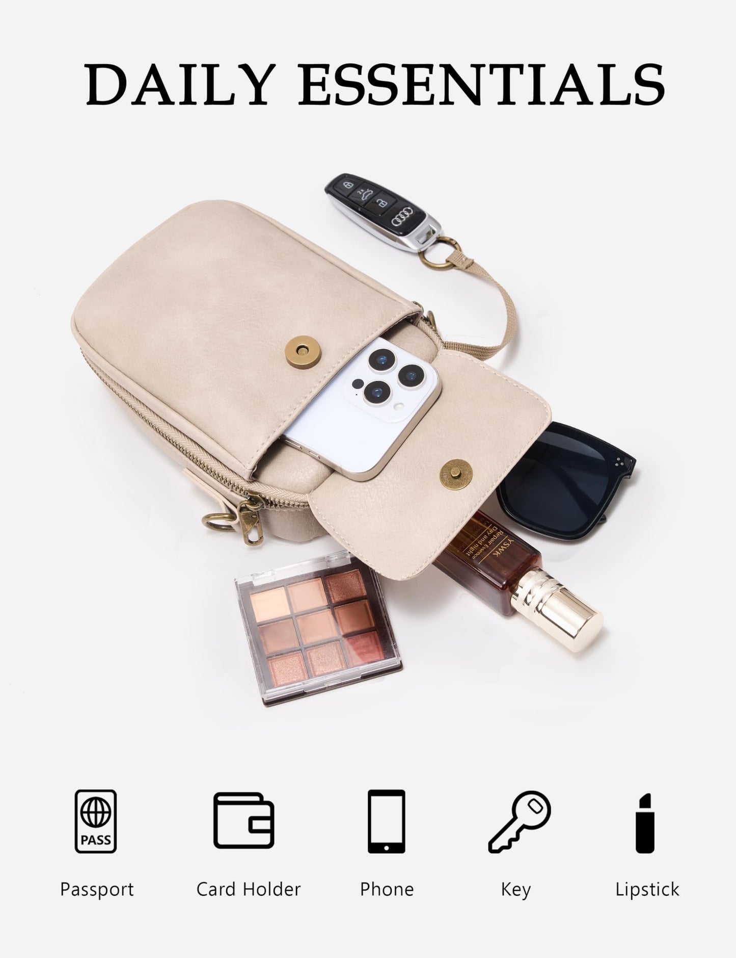 Yarnic Small Crossbody Bag, Vegan Leather Cell Phone Purse for Women, Vintage Wallet Bag with Card Slots (Beige Gray-wide strap A)