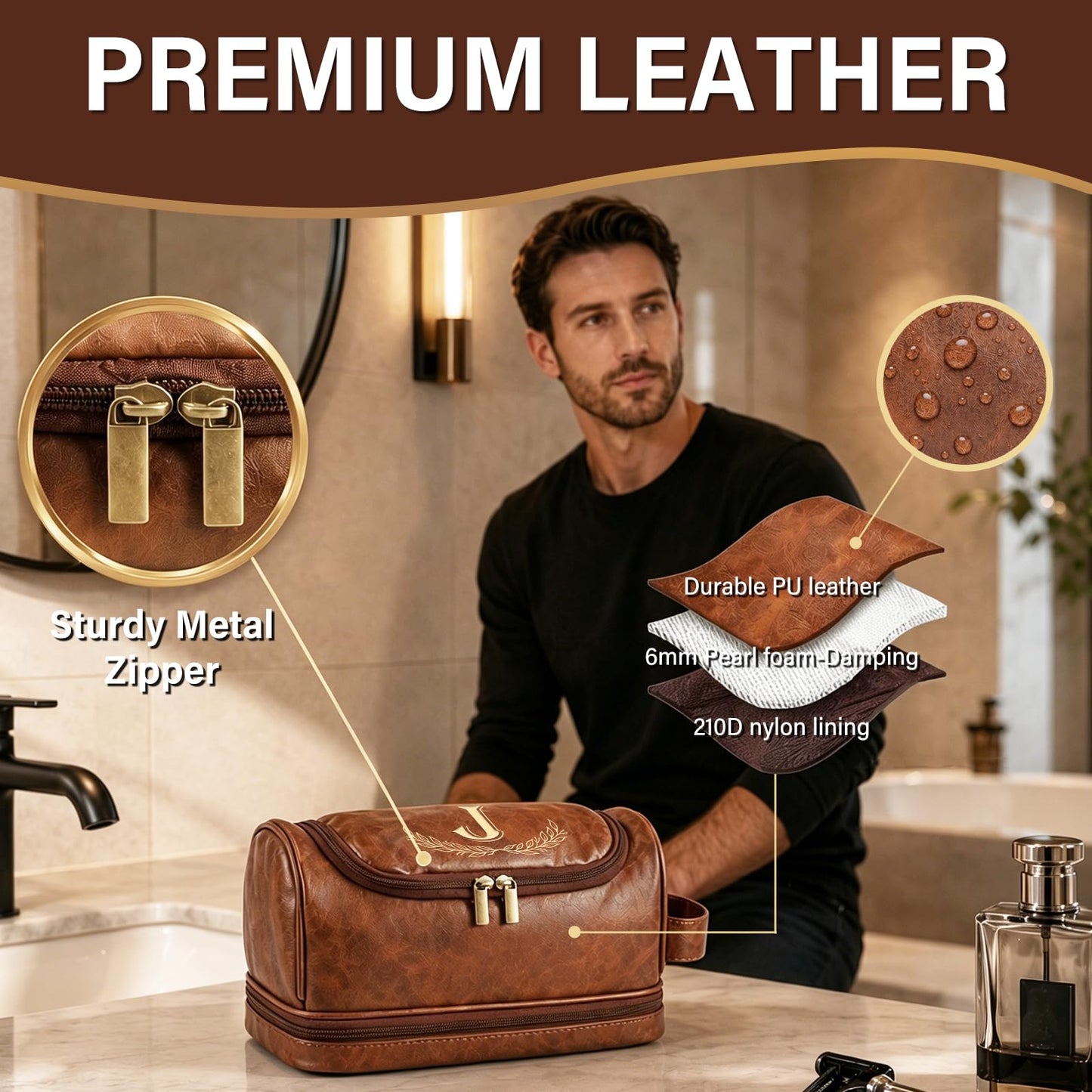 Sparklove Personalized Gifts for Men -Personalized Initial Toiletry Bag with Laser Engraved Monogram - Leather Travel Kit Shaving Organizer - Unique Present for Him, Husband, Boyfriend, Dad