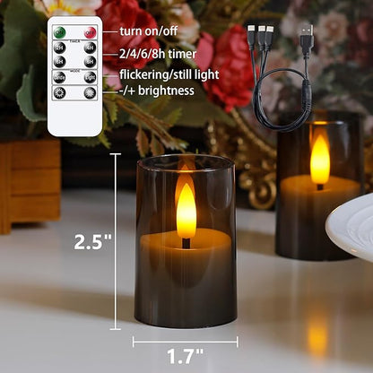 Rechargeable Acrylic Flameless Votive Candles with Timer & Remote Control, 1.7" x2.5" Flickering LED Warm Glow Tealight for Home, Wedding, Holiday Decor (Set of 6, Grey)