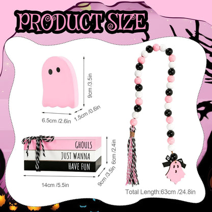 Pink Halloween Decorations 5PCS Table Centerpieces, Cute Girlie Tabletop Halloween Decor for Tiered Tray Shelf Mantel Fire Place Office Desk Rustic Farmhouse Wood Faux Book Stack and Ghosts Sign