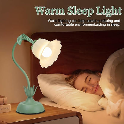 Vintage Flower Table Lamp, 3 Color Temperature Flexible Gooseneck Cute Desk Lamp for Bedroom, Kawaii Nightstand Bedside Lamps for Living Room, Dorm, Office, Home Decor (Green)