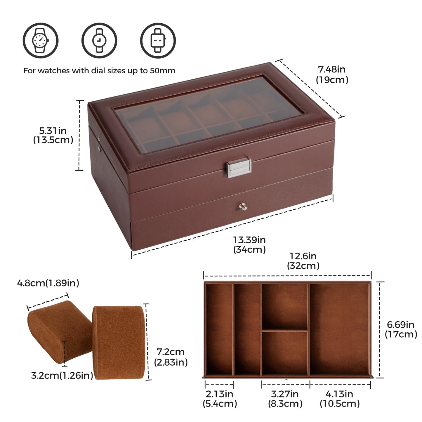 ProCase Watch Box, Fathers Day Gift for Dad, 12 Slot Mens Watch Case With Drawer, 2-Layer Watch Display Case With Glass Lid, Mens Jewelry Box Storage Holder Organizer -12Slot, Espresso