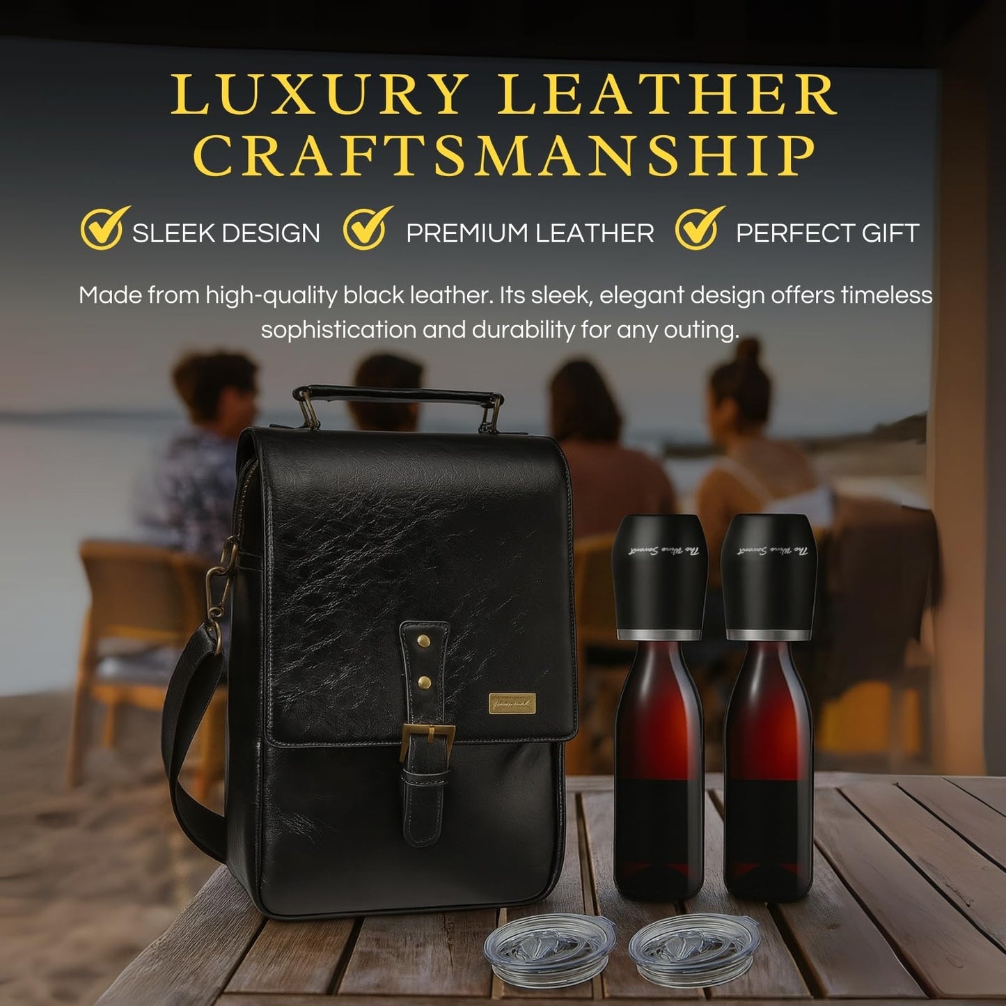 2 Bottle Insulated Wine Tote Bag with Tumblers, Leather Carrier Purse with Dividers, Leakproof Cooler, Adjustable Shoulder Strap & Pockets, Travel, Picnic, Beach, Hiking, Gift for Men & Women