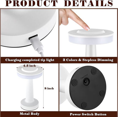 Riakrum Set of 2 LED Portable Cordless Table Lamp with Touch Sensor 3 Color Stepless Dimming Rechargeable Battery up to 15 Hours Cordless Table Light Wireless Lamp for Nursery(White,4 Pcs)