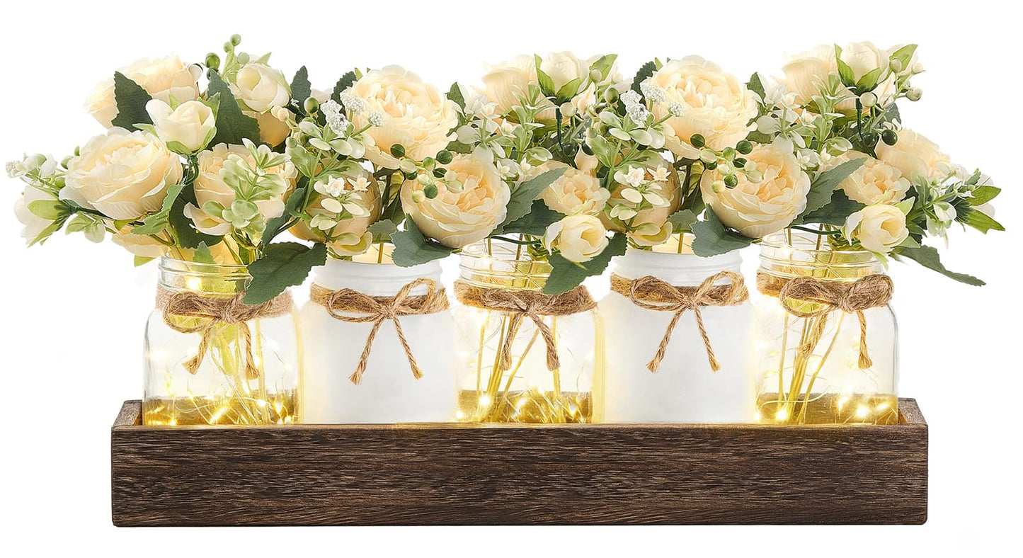 Mkono Mason Jar Lights Centerpiece Table Decor for Dining Room Farmhouse Wood Tray with Flowers Valentines Day Decoration for Coffee Table Kitchen Living Room Wedding