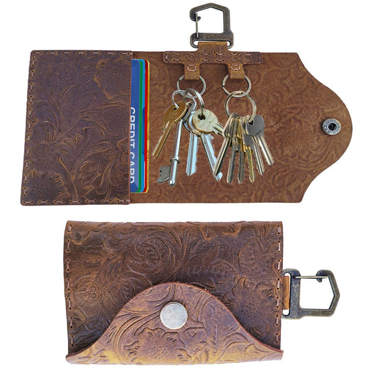 Ru Xing Genuine Leather Key Holder Handmade Organizer Wallet for Keys, Cash, Credit Cards Functional Key Holder for Men & Women (Stitch Style, Print Brown)