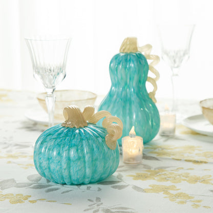 Glitzhome Hand Blown Glass Pumpkin Decor 5" Turquoise - Artisan Fall Harvest Thanksgiving Table Centerpiece Halloween Home Decor