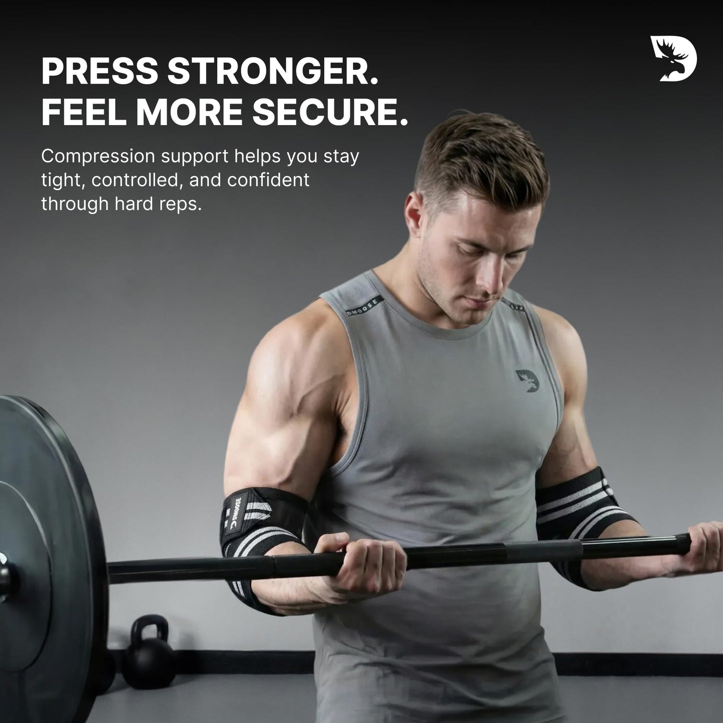 DMoose Fitness Elbow Wraps for Weightlifting (Pair) - 40'' Adjustable Elbow Strap for Gym Workout & Bench Press, Compression Elbow Wraps for Tendonitis & Joint Support, Elbow Sleeve (White Stripes)