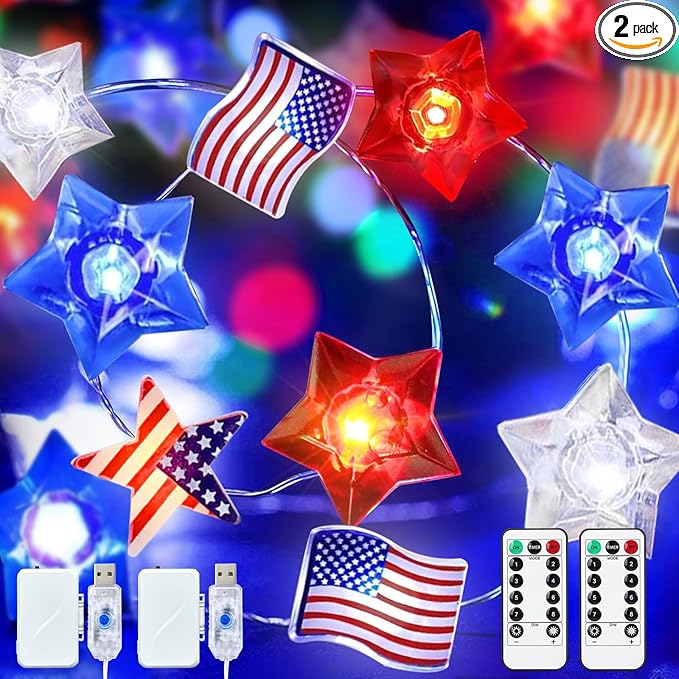 Aogist 4th of July Decorations String Lights with Remote an Timer, USB & Battery Dual-Power American Flag Lights for Memorial Day, Independence Day (2 Pack)