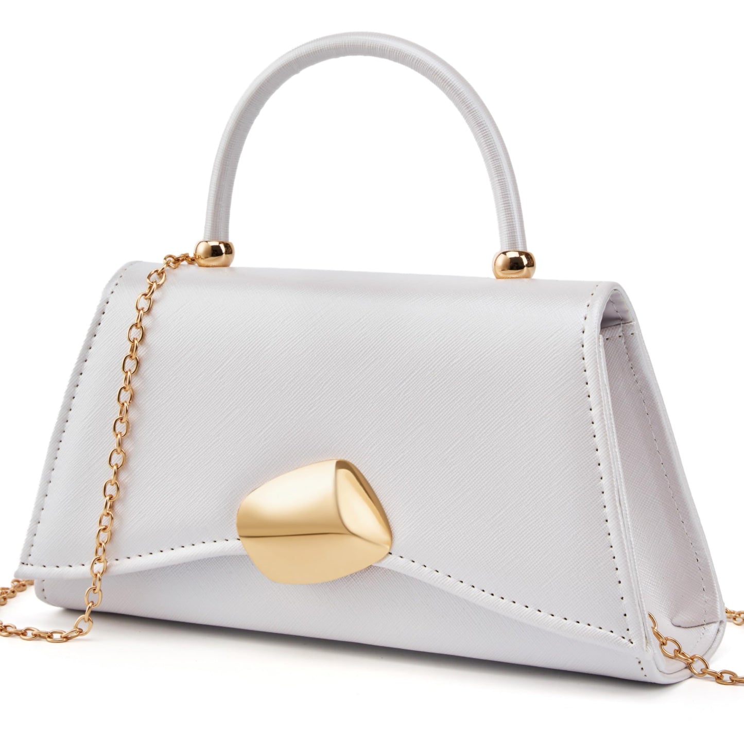 Gurina Designer Evening Handbag with Metal Handle, PU Leather Clutch Purse with Magnetic Buckle, Elegant Party Bag for Women (7OB White)