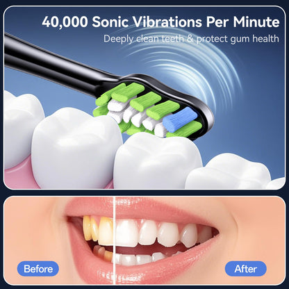 Electric Toothbrush for Adults, Rechargeable Sonic Toothbrush, IPX7 Waterproof Travel Toothbrush Set with Case, 8 Brush Heads, Charger, 2-Min Smart Timer, One Charge Last 60 Days(Black)