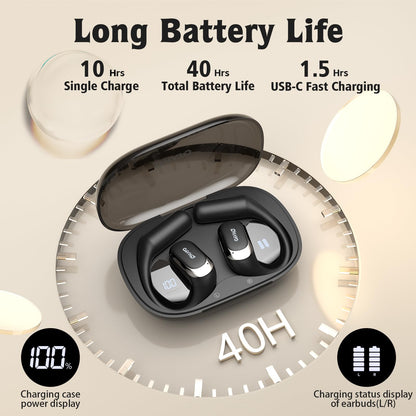 Open Ear Headphones,Over Ear Earbuds with Ergonomic Earhook,Bluetooth Headphones 5.4 with Smart Digital Display,40H Playtime,IPX6 Waterproof,Touch Control Operate Fit Cycling,Running,Workout(Black)
