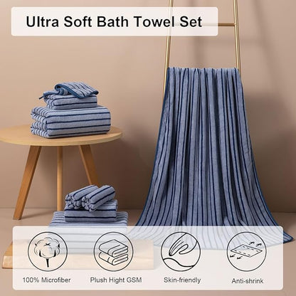 Oliven 4 Piece Navy Cabana Stripe Large Bath Towels Oversized Bath Sheet Super