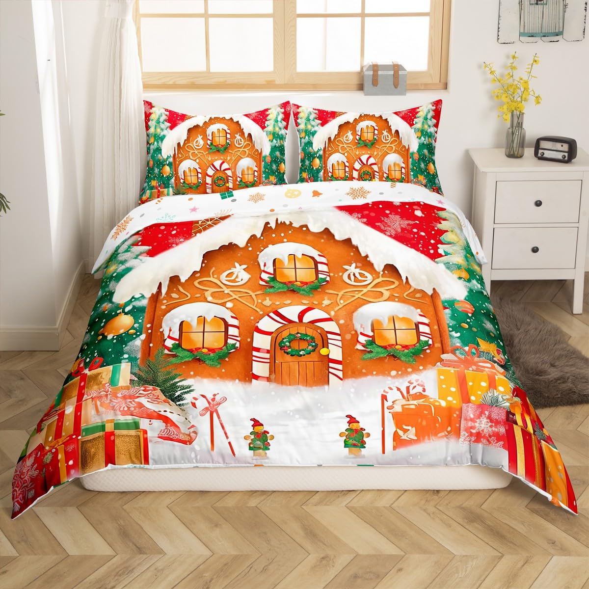Feelyou Red Christmas Duvet Cover Full Size Kids Candy House Bedding Set Boys Girls Candyland Theme Christmas Wonderland Pine Comforter Cover Set Xmas Tree Happy New Year Bedspread Cover(No Comforter)