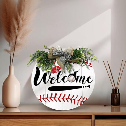 Baseball Door Sign Welcome to the Baseball Game Hanging Sign With Wreath And Bow Baseball Bat Ballfield Round Wooden Front Door Sign for All The Seasons Sport Farmhouse Decor 12x12 Inch