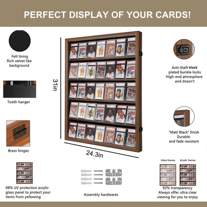 VERANI Baseball Display Case - 35 Graded Sports Card Frame - Holds Cards With UV Protection Clear View Lockable Wall Cabinet for Football Basketball Hockey Trading, Walnut