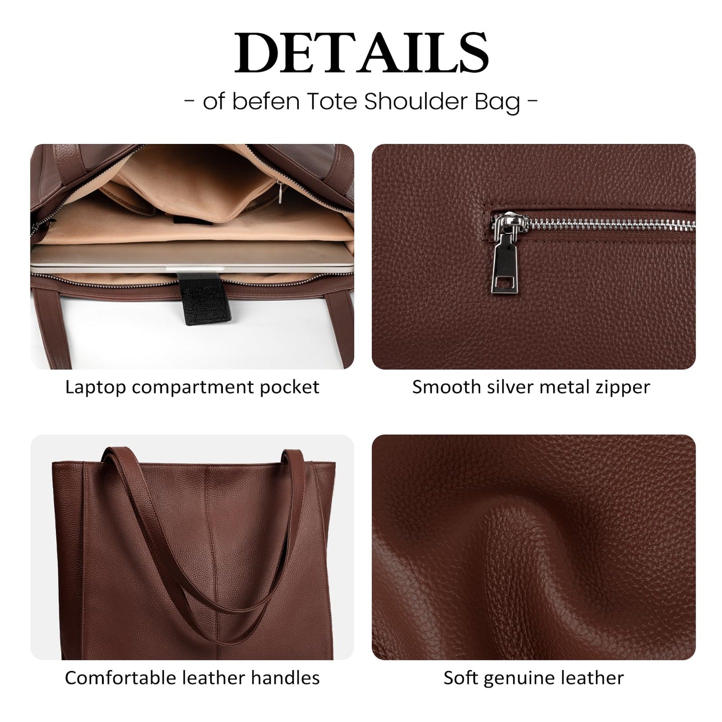 befen Real Leather Dark Brown Tote Bag for Women Work, Women's Tote Bags Purses for Daily and Travel Coffee