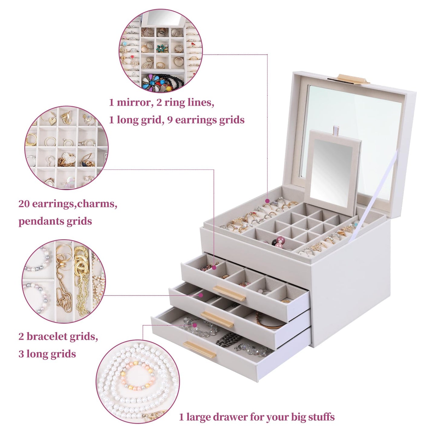 BOOVO Clear Lid Jewelry Box,3 Layers Jewelry Organizer Large Jewelry Storage Box with 2 Drawers,Jewelry Holder Organzier of Rings Earrings Necklace Bracelets for Women (White, 4 Layer)