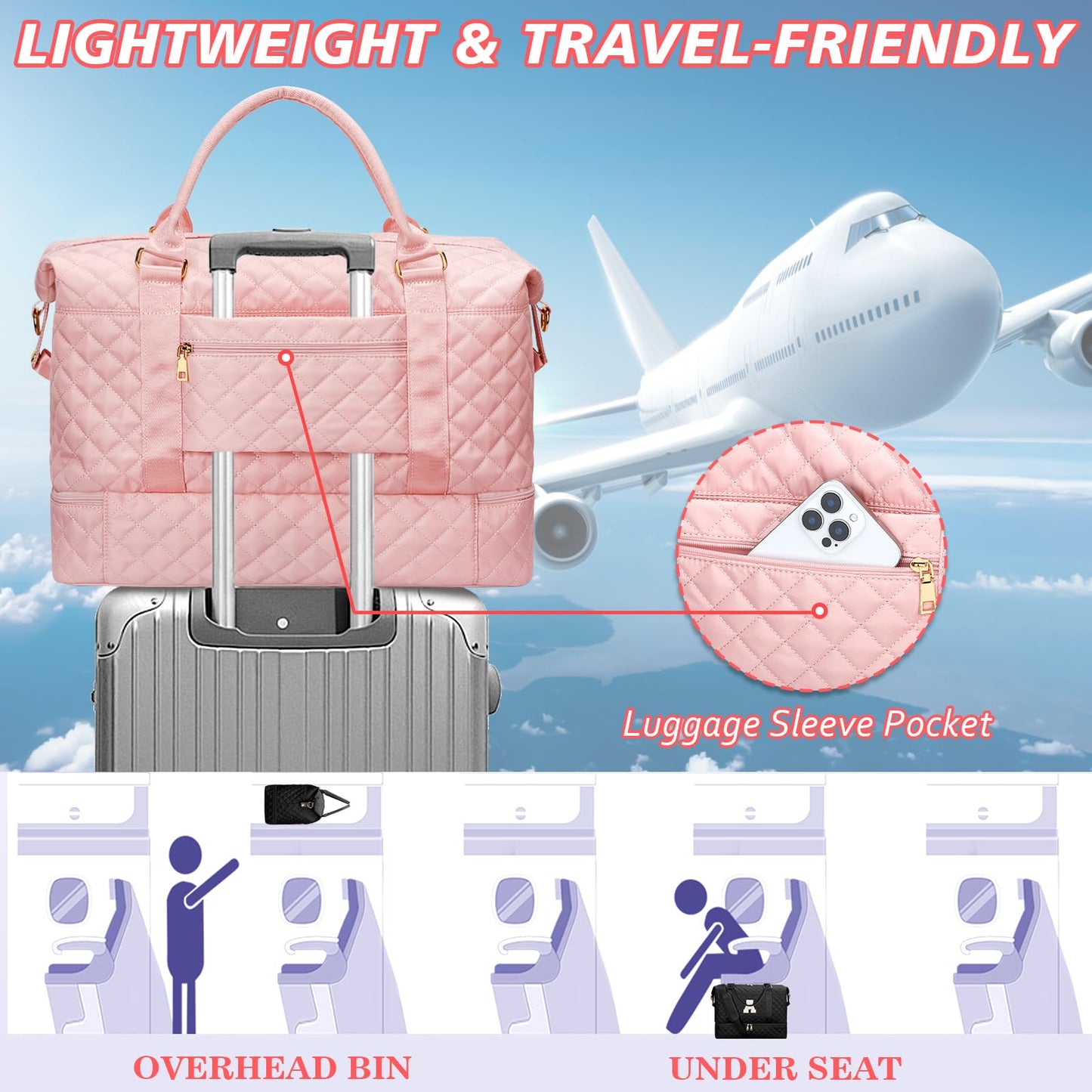 CLOUDWINGS Gifts for Women Girls Initial Travel Duffle Bag Quilted Weekender Carry-On Overnight with Cosmetic Bag, Gym Bag with Shoe Compartment Hospital Bag for Labor Delivery, Pink E