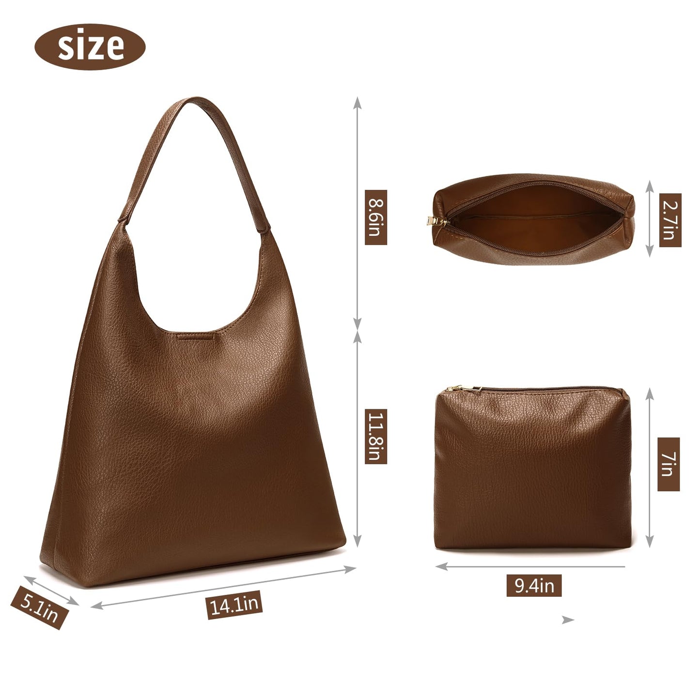 Pelimoo Hobo Bags for Women, Soft Vegan Leather Shoulder Handbags, Slouchy Tote Purses for Work, Travel, School (Coffee)
