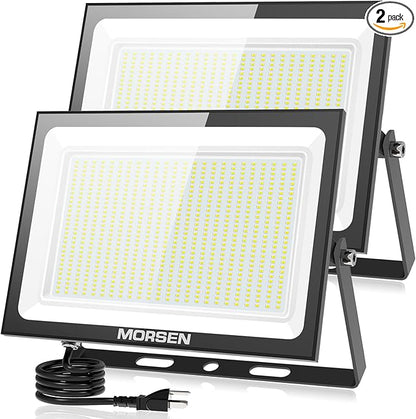 MORSEN 500W Flood Lights Outdoor, 60000lm Bright LED Work Light with Plug, 6500K Daylight White LED Flood Lighting, IP66 Waterproof Security Yard Lights for Yard Garage Stadium 2 Pack