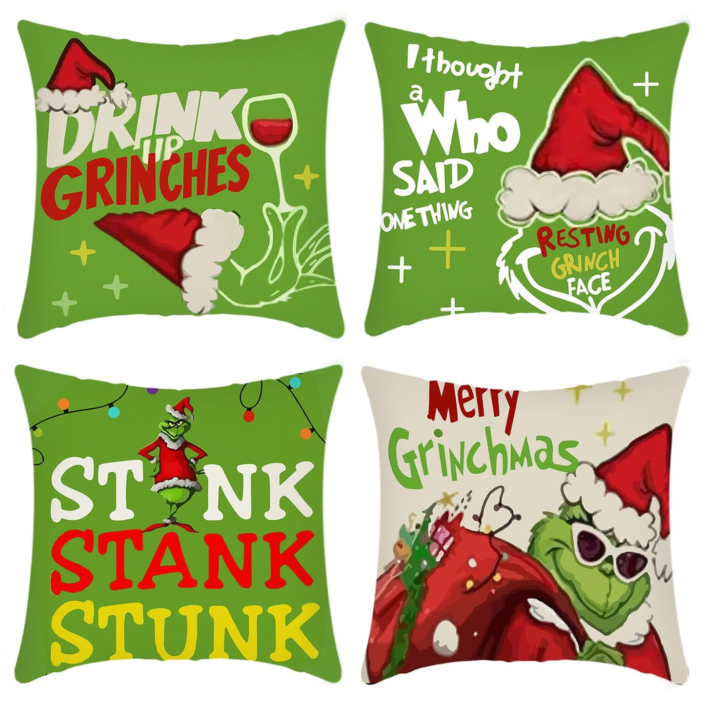BOGGEUSS Christmas Throw Pillows Covers 18x18 Set of 4 Green Elf Pillow Covers Christmas Decorations for Home Sofa Couch Bed