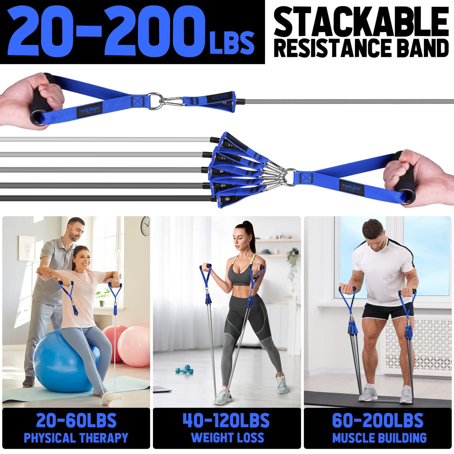 WALITO Resistance Bands Set - Exercise Bands with Handles, Door Anchor, Legs Ankle Straps, for Heavy Resistance Training, Physical Therapy, Muscle Training, Yoga, Home Workouts, Gym