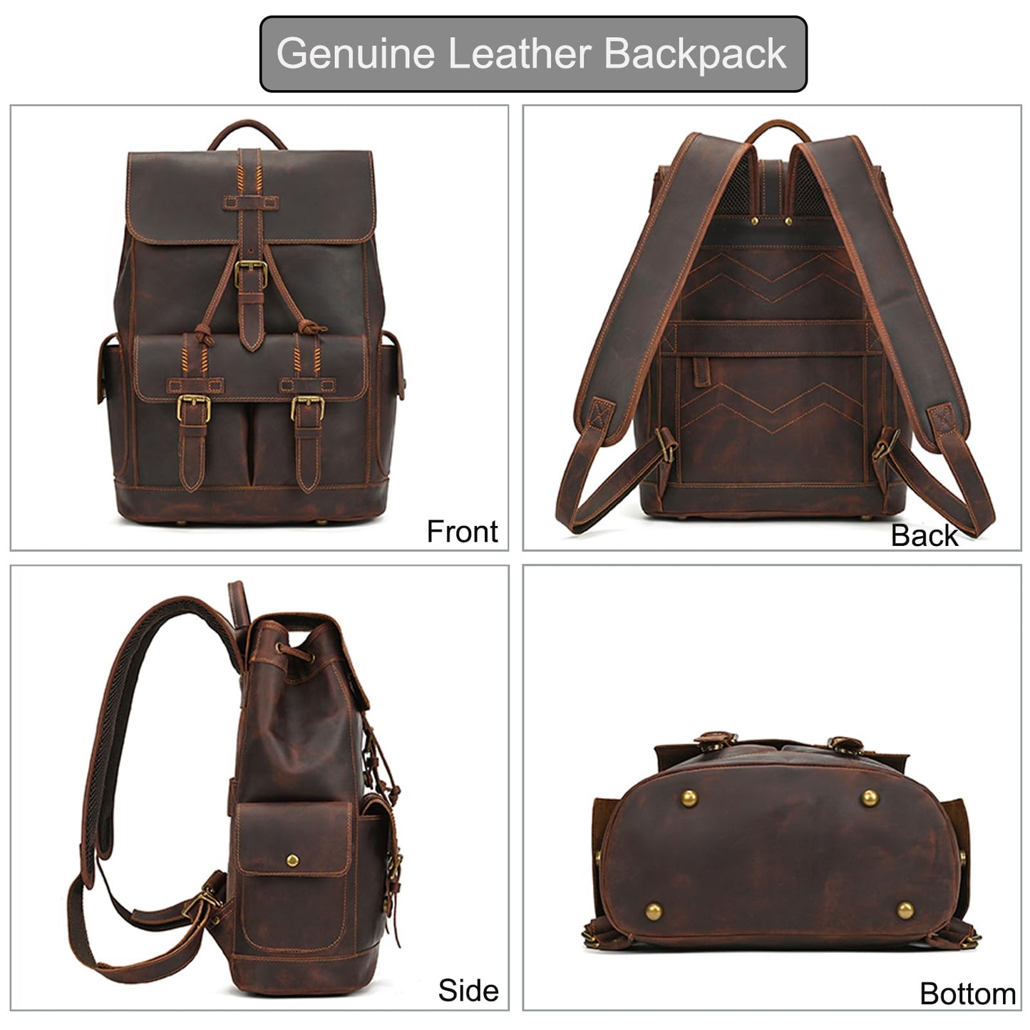 LUUFAN Genuine Leather Backpack for Men Casual 15.6 Inch Laptop Shoulder Bag Rucksack with Anti-Theft Pocket Travel Daypack, Coffee