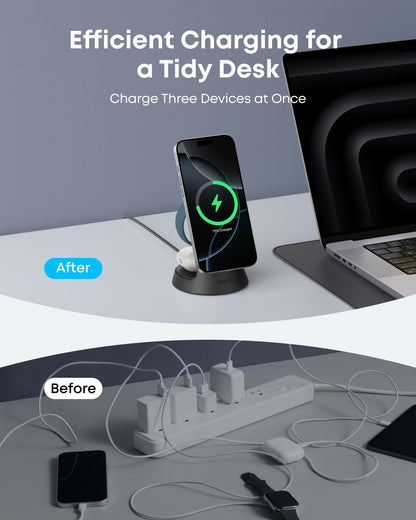 Anker MagSafe Charger Compatible, MagGo 3-in-1 Charging Station, Nano Charging Stand, Qi2 Certified 15W Magnetic Wireless Charger Dock, for iPhone17/16/15/14, Apple Watch,AirPods (Adapter Included)