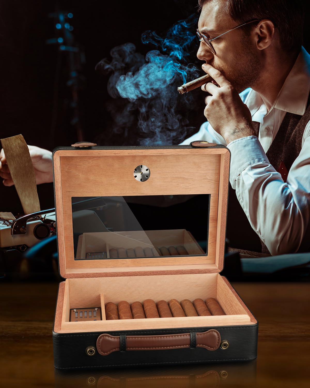 FANKAI Cigar Humidor, Cigar Box with Hygrometer Humidifier and Divider, Glass Top Cedar Wood Storage Case for 30pcs-50pcs Cigars,Travel Cigar Accessories