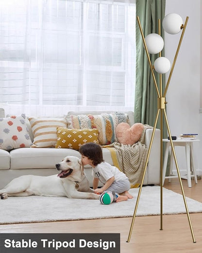 Lightdot Tripod Floor Lamp Stepless Dimmable Globe Modern Floor Lamp Gold Standing Lamps with 3PCS 3000K G9 Bulbs Stable Base Mid Century Floor Lamps for Living Room
