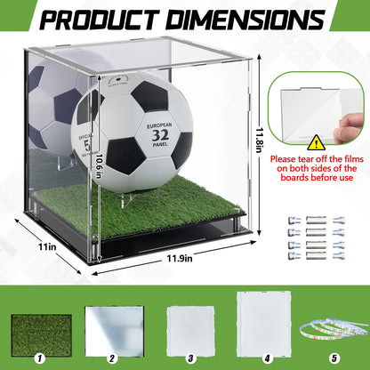 Geelin Soccer Ball Display Case with LED Light, 12" x 11" x 10.5" Light up Acrylic Clear Display Case Box with Mirror Back and Turf Grass, Storage Cube for Soccer Ball Memorabilia Collector Gift