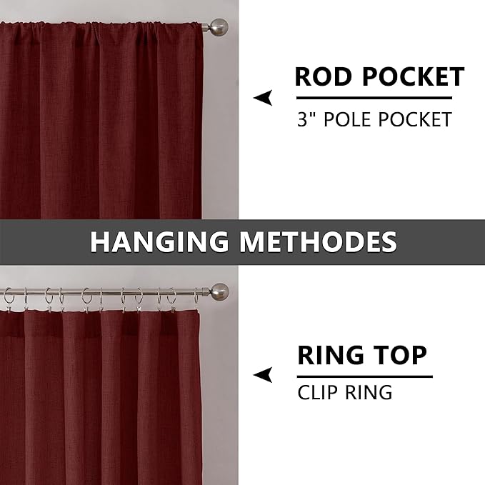 Tollpiz Linen Curtain Bedroom Rod Pocket Semi Sheer Curtains Burlap Light Filtering Thick Linen Drape for Living Room, 38 x 84 inches Long, Burgundy Red, Set of 2 Panels