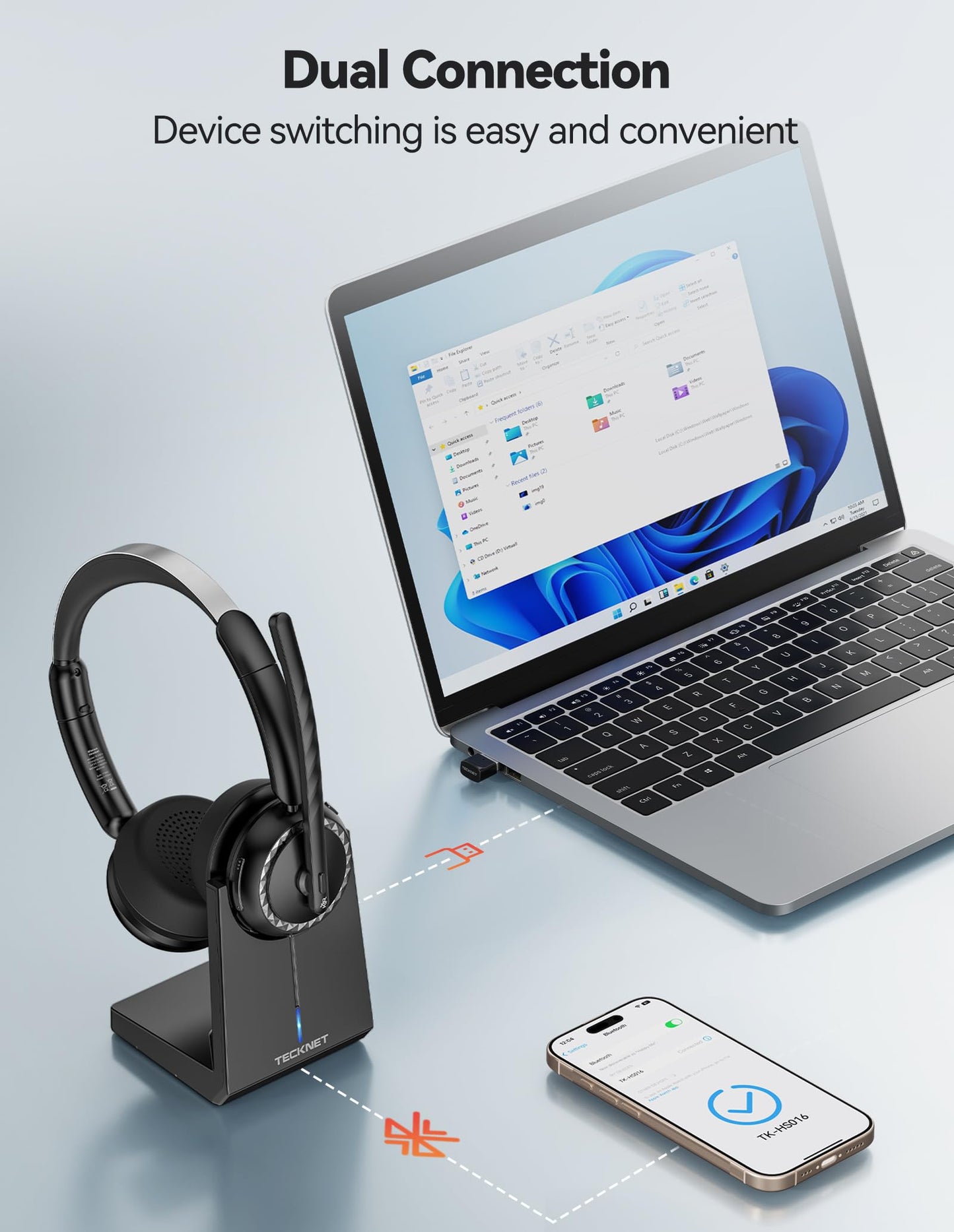 TECKNET Wireless Headset, 5.3 ENC Bluetooth Headset with Microphone, Computer Headset Rechargeable, USB Dongle, Charging Base, On-Ear Headphones for Trucker/Remote Work/Call Center