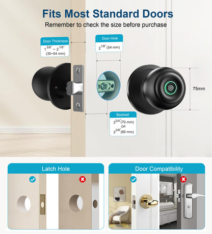 KLLOQUE Fingerprint Door Lock, Smart Fingerprint Door Knob with Lock, Biometric Door Locks with App Control & Key, Keyless Thumbprint Entry Door Locks for Bedroom, Front Door, Home, Apartment-Black