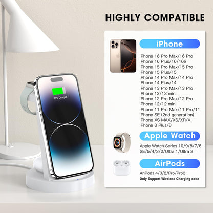 3 in 1 Charging Station for iPhone, Wireless Charger for iPhone 17 16e 16 15 14 13 12 11 X Pro Max & Apple Watch - Wireless Charging Station for AirPods 4 3 Pro