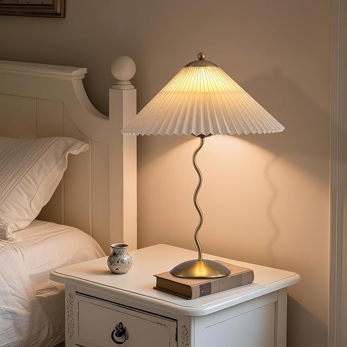 Pleated Table Lamp, S Tube Modern Table Lamp for Bedroom, Bedside Lamps with Organic Textured Linen Lampshade for Nightstand Bedroom Home Office Decor, Gold