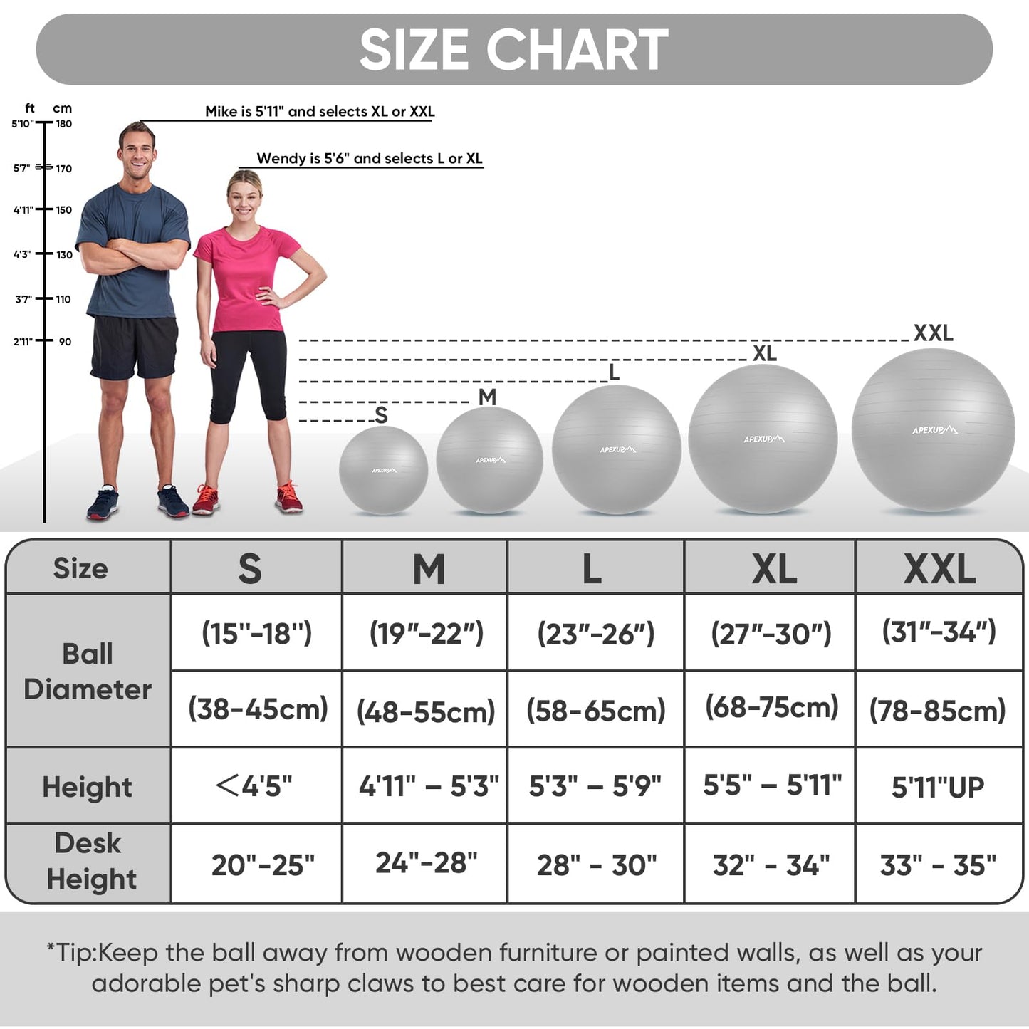 APEXUP Yoga Ball, 660 lbs Anti-Burst Exercise Ball with Pump, 5 Sizes (S (15"~18") 45cm, Silver)