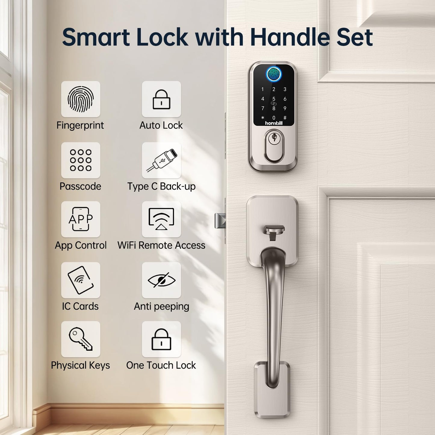 WiFi Smart Locks for Front Door: Hornbill Keyless Entry Door Lock with Handle, Fingerprint Keypad Deadbolt Front Door Lock Set, Electronic Biometric Digital Lock, App Remote Control, Oil Rubbed Bronze