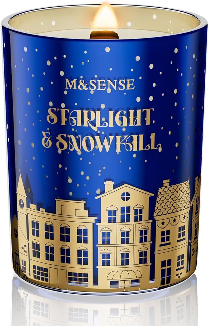 M&SENSE Startlight Snow Scent Wooden Wick Winter Candle 18oz Clean Non Toxic Natural Soy Wax 100 Hours Burn Time Aromatherapy Large Candle for Christmas Housewarming Gifts & Bathroom Bedroom