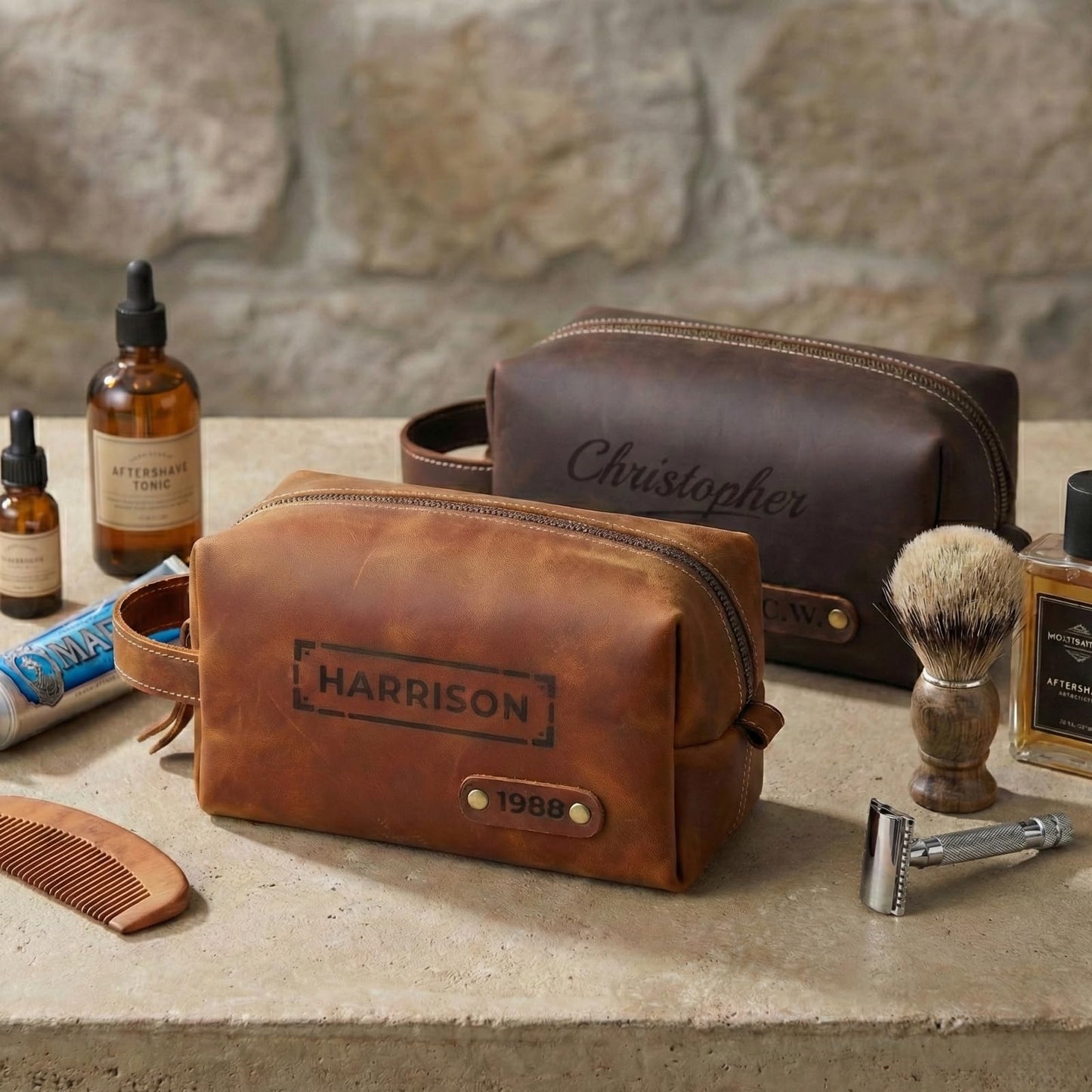 Personalized Toiletry Bag for Men – Genuine Leather Dopp Kit with Custom Engraved Name or Initials – Travel Shaving Bag Gift for Dad, Husband, Groomsmen, Boyfriend, Christmas, Birthday, Anniversary